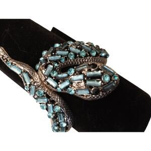 Silver toned Hinged Wrap Cuff Snake Bracelet with Aquamarine Rhinestones
